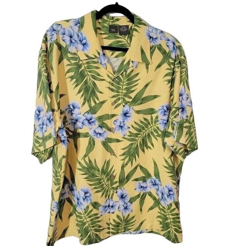 Folio Silk Hawaiian Shirt XL‎ Vacation Cruise Men's Yellow Green Short Sleeve